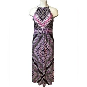 London Style Collection Dress Womens 10 Halter Midi Purple Boho Geometric Print